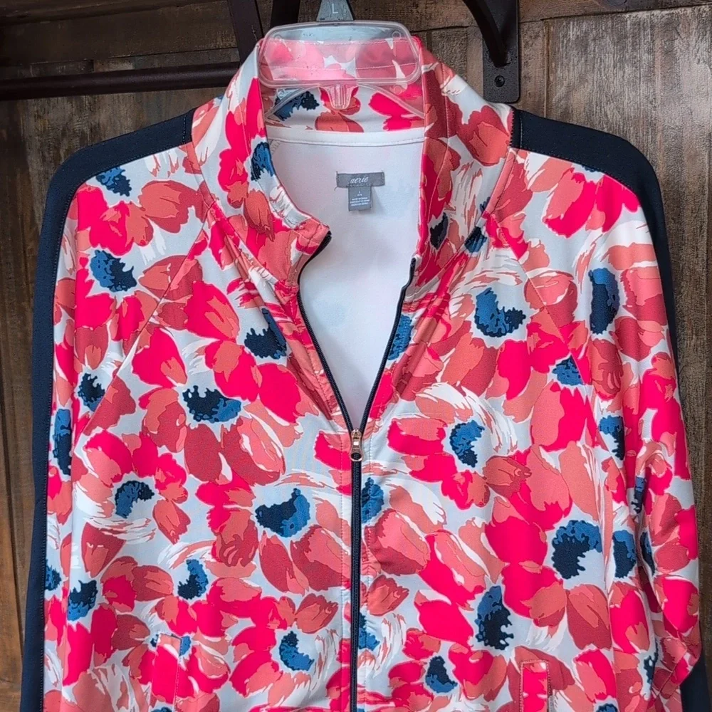 Aerie Floral Print Full Zip Track Jacket Navy Side Panel - Women's Large - Picture 2 of 6